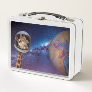 Giraffe Astronaut in Outer Space Staring at Planet Metal Lunch Box