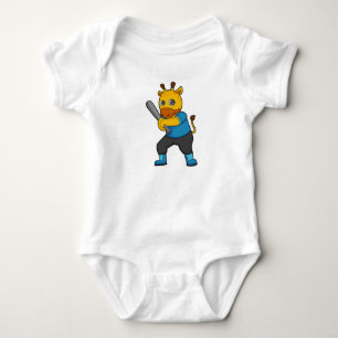 Giraffe at Baseball  with Baseball bat Baby Bodysuit