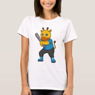 Giraffe at Baseball  with Baseball bat T-Shirt