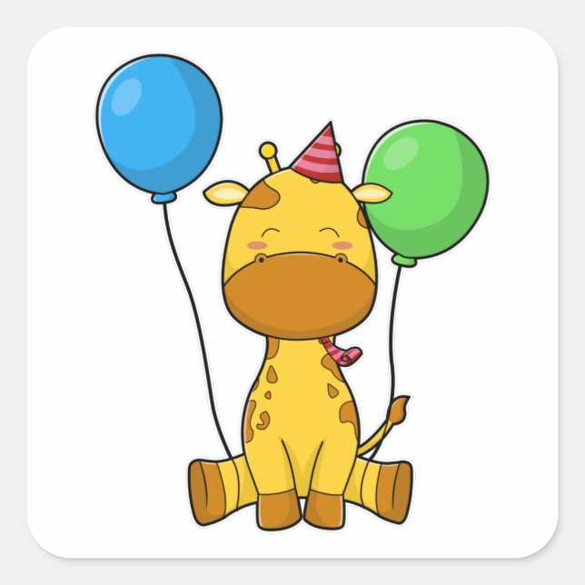 Giraffe at Birthday with Balloons Square Sticker (Front)