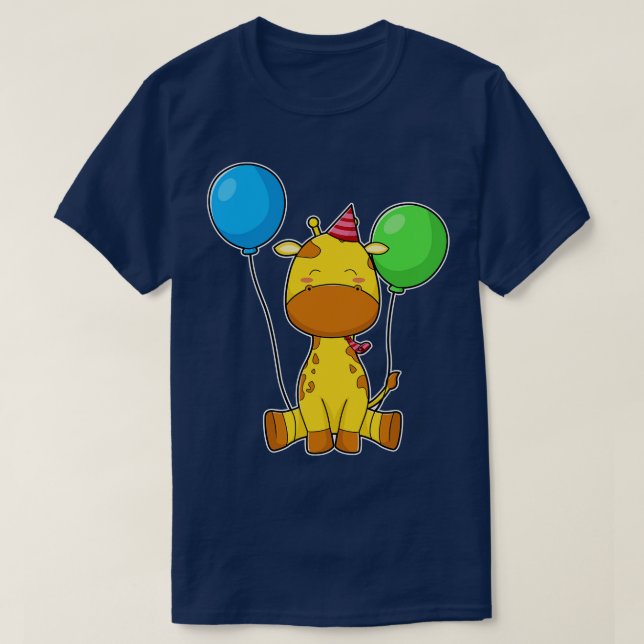 Giraffe at Birthday with Balloons T-Shirt (Design Front)