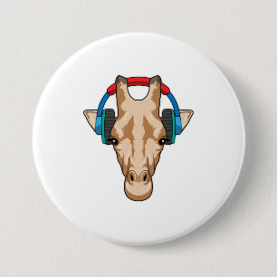 Giraffe at Music with Headphone 3 Inch Round Button