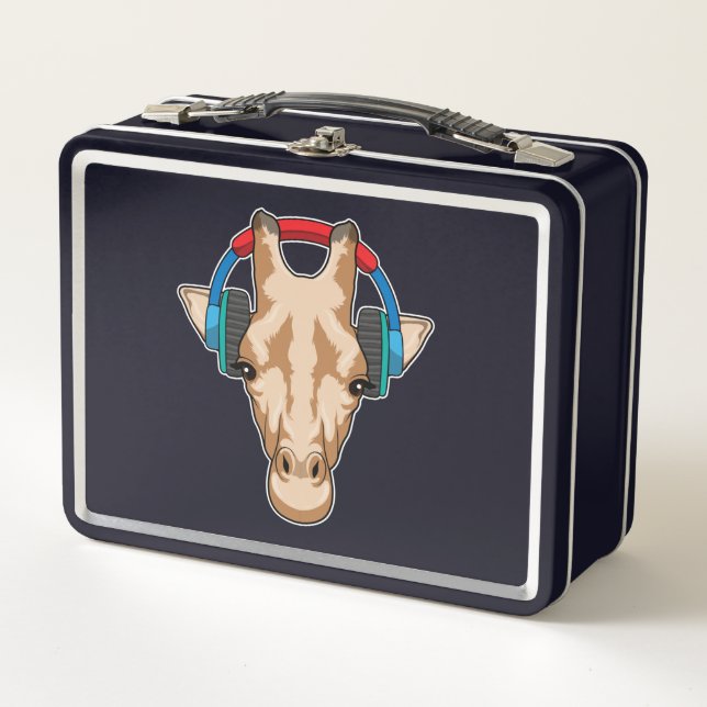 Giraffe at Music with Headphone Metal Lunch Box (Front)