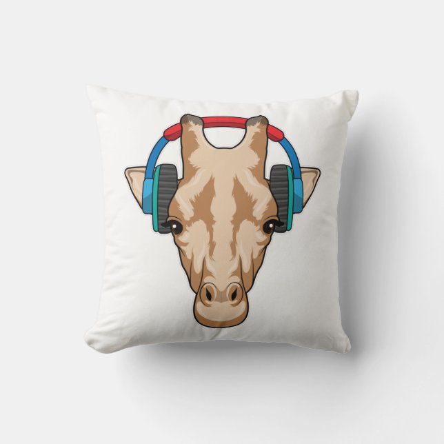 Giraffe at Music with Headphone Throw Pillow (Front)