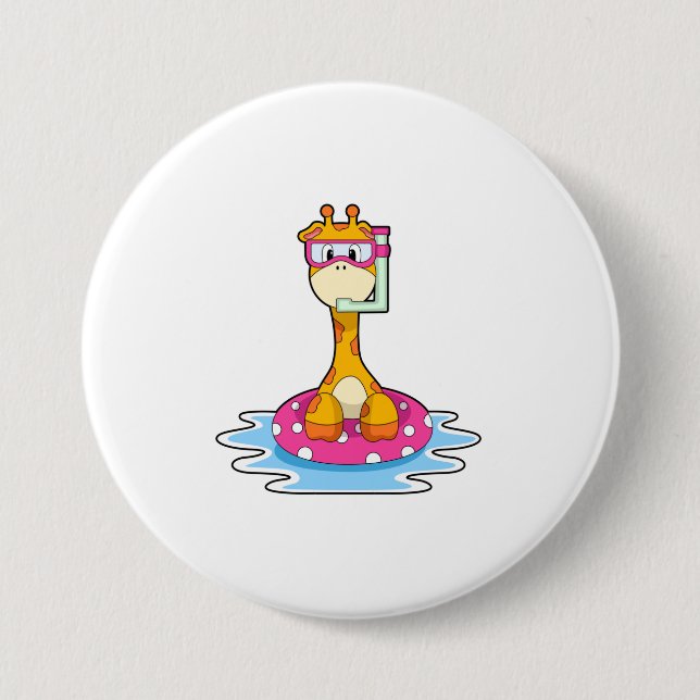 Giraffe at Swimming with Snorkel 3 Inch Round Button (Front)