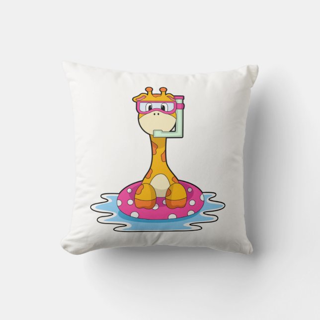 Giraffe at Swimming with Snorkel Throw Pillow (Front)