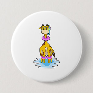 Giraffe at Swimming with Swim ring 3 Inch Round Button