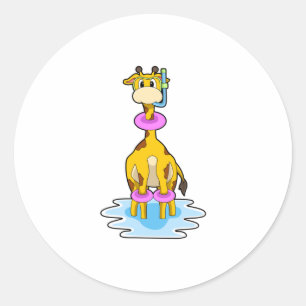 Giraffe at Swimming with Swim ring Classic Round Sticker