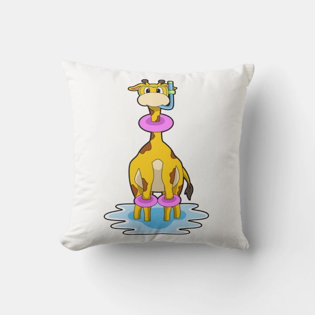 Giraffe at Swimming with Swim ring Throw Pillow (Front)