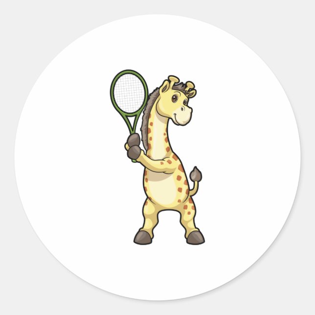 Giraffe at Tennis with Tennis racket Classic Round Sticker (Front)