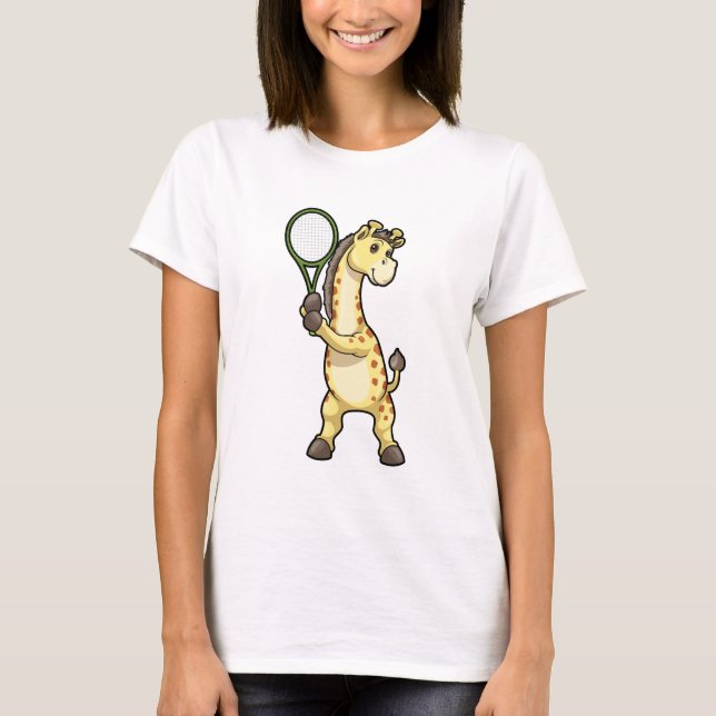 Giraffe at Tennis with Tennis racket T-Shirt (Front)