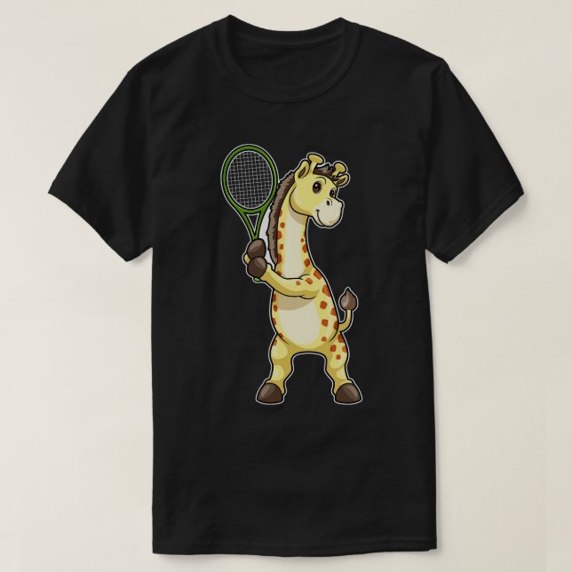 Giraffe at Tennis with Tennis racket T-Shirt (Design Front)