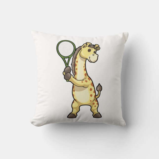 Giraffe at Tennis with Tennis racket Throw Pillow (Front)