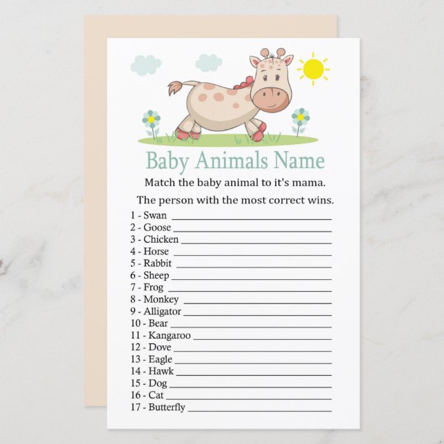 Giraffe Baby Animals Name Game (Front/Back)
