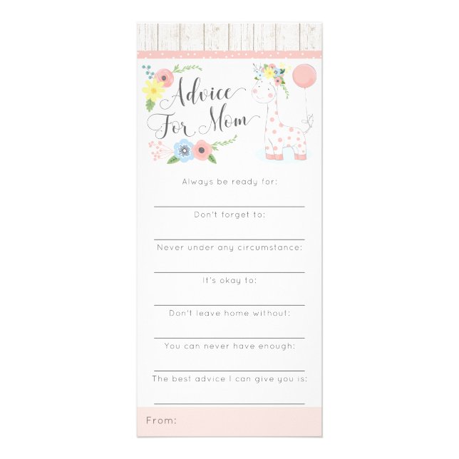 Giraffe Baby Shower Advice Game Rustic Floral Rack Card (Front)