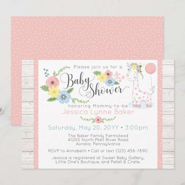 Giraffe Baby Shower | Cute Floral & Rustic Wood Invitation (Front/Back)