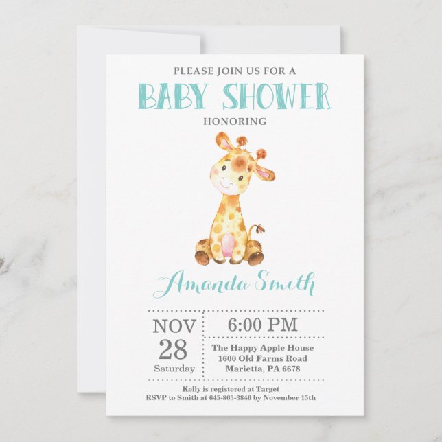 Giraffe Baby Shower Invitation Aqua and Grey (Front)