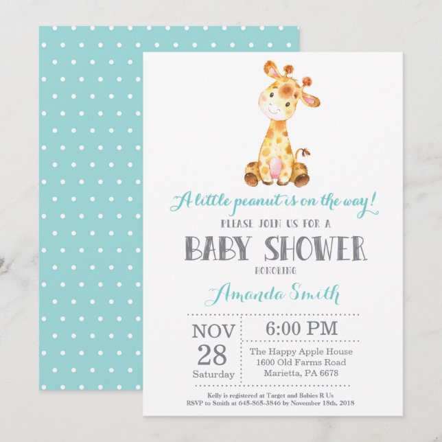 Giraffe Baby Shower Invitation Aqua and Grey (Front/Back)