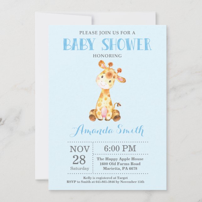 Giraffe Baby Shower Invitation Blue and Grey (Front)