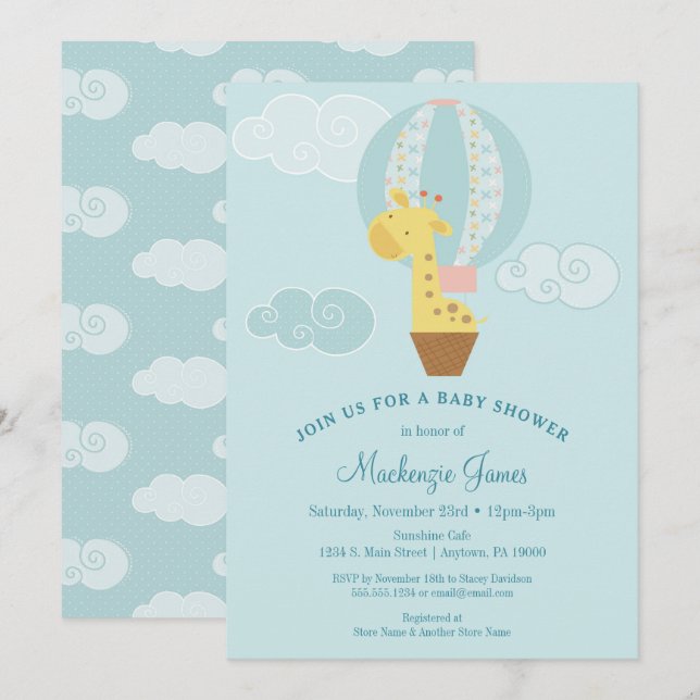 Giraffe Baby shower Invitation Blue Boy Balloon (Devant / Derrière)