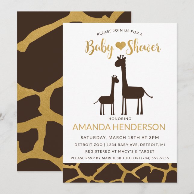 Giraffe Baby Shower Invitation Brown & Gold (Front/Back)