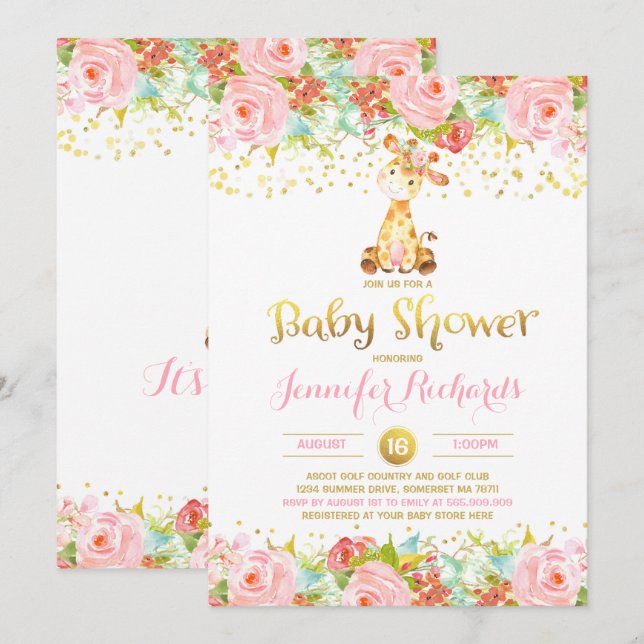 Giraffe Baby Shower Invitation Floral Pink & Gold (Front/Back)