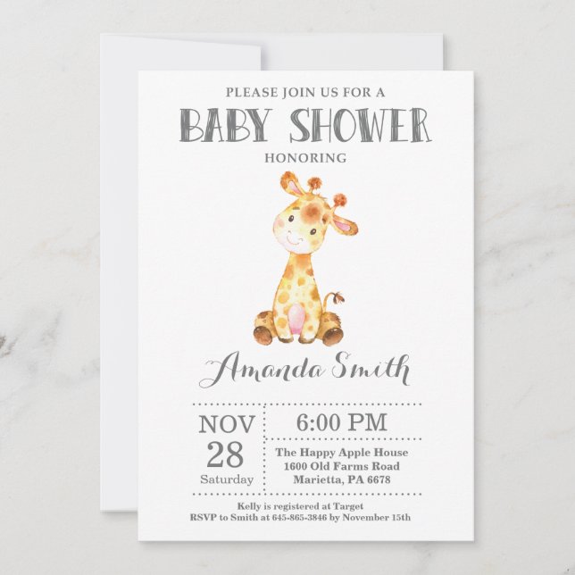 Giraffe Baby Shower Invitation Grey (Front)