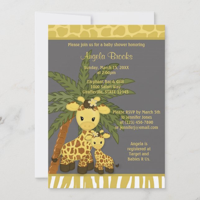 Giraffe Baby Shower Invitation Mommy Grey Yellow (Front)