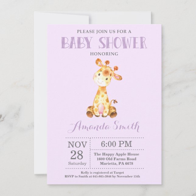 Giraffe Baby Shower Invitation Purple and Grey (Front)