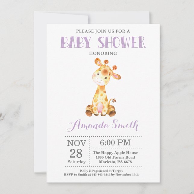 Giraffe Baby Shower Invitation Purple and Grey (Front)