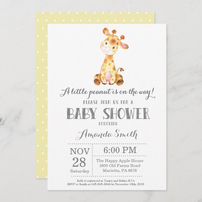 Giraffe Baby Shower Invitation Yellow and Grey (Front/Back)