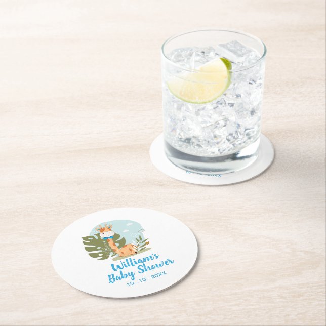Giraffe Baby Shower Napkin (Boy Safari Animal) Round Paper Coaster (Insitu)