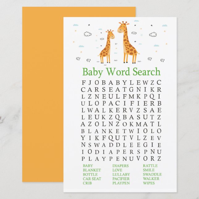 Giraffe Baby Shower Word Search Game (Front/Back)
