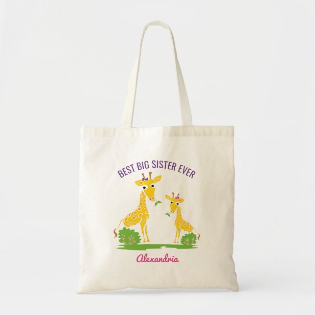 Giraffe Best Big Sister Ever Girls Personalized Tote Bag (Front)