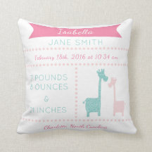 Giraffe Birth Stats Pink Mint Aqua Teal Pillow