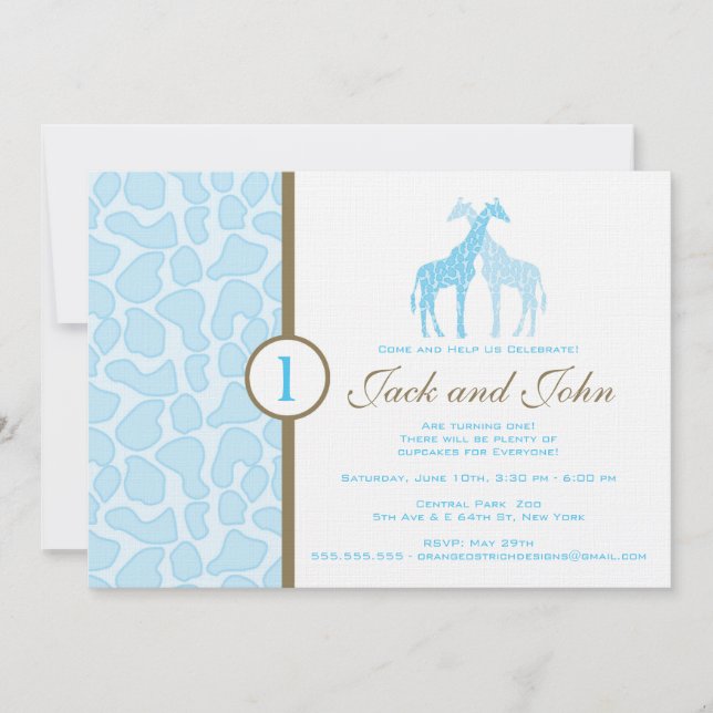Giraffe Birthday Invitation - Twin Boys (Front)