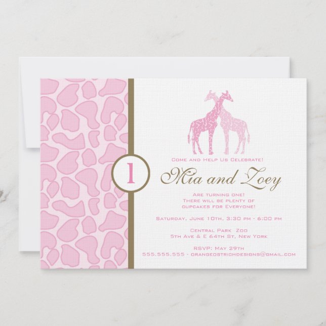 Giraffe Birthday Invitation - Twin Girls (Front)
