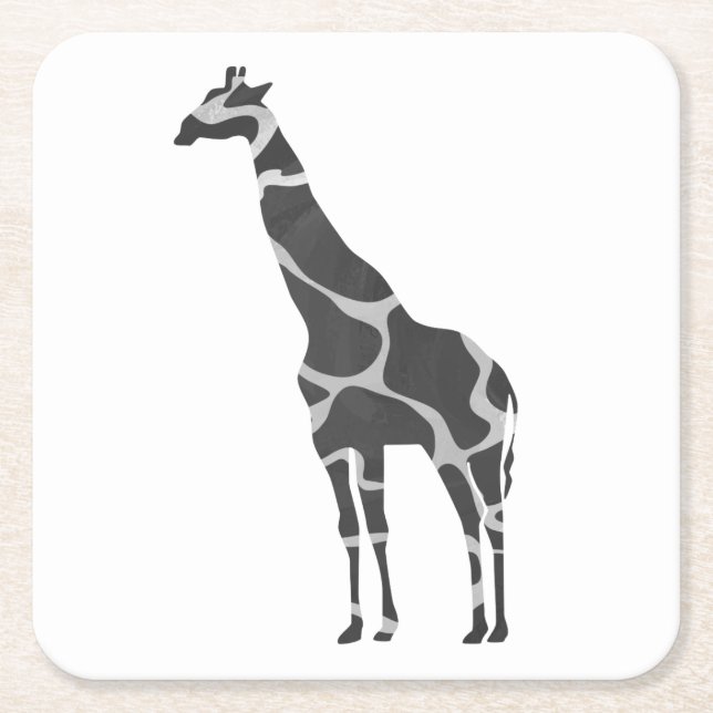 Giraffe Black and Grey Silhoutte Square Paper Coaster (Front)