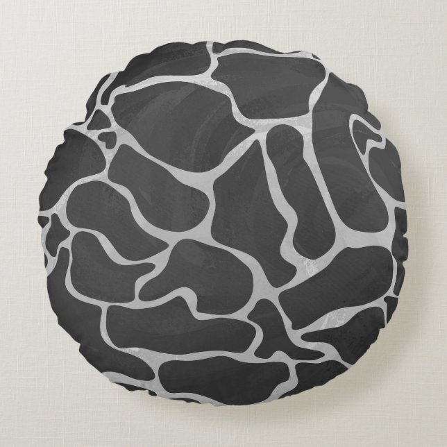 Giraffe Black and Light Grey Print Round Pillow (Front)
