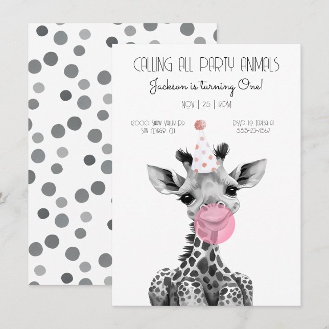 Giraffe black and white Birthday Party Invitation (Front/Back)