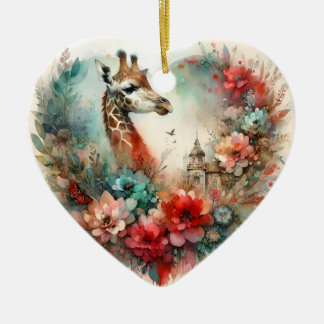 Giraffe Bloomscape Watercolor Floral Safari Ceramic Ornament