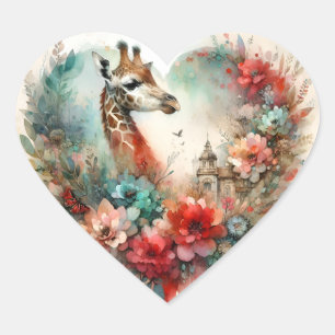 Giraffe Bloomscape Watercolor Floral Safari  Heart Sticker