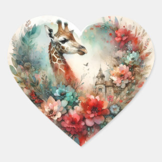 Giraffe Bloomscape Watercolor Floral Safari Heart Sticker