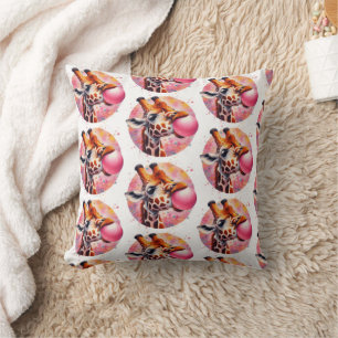 Giraffe Blowing Bubblegum Print Throw Pillow
