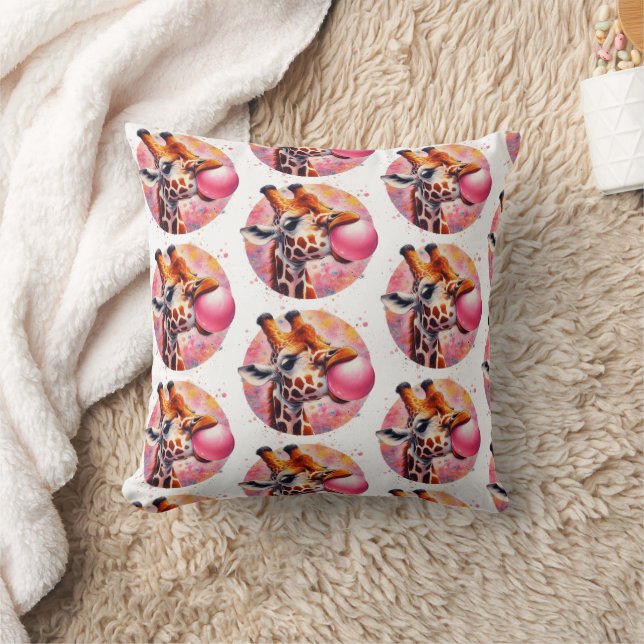 Giraffe Blowing Bubblegum Print Throw Pillow (Blanket)