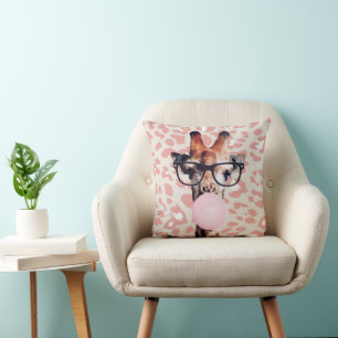 Giraffe Blowing Gum with animal print background Throw Pillow
