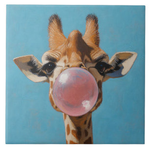 Giraffe Blowing Pink Bubblegum Bubble Tile