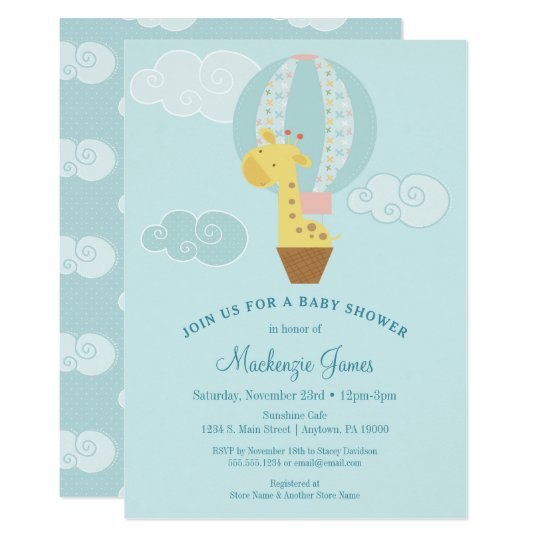Giraffe Blue Boy Baby Shower Invitation Balloon