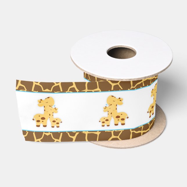 Giraffe Blue Boy Baby Shower Satin Ribbon (Spool)