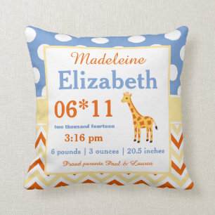 Giraffe Blue Yellow Baby Announcement Pillow